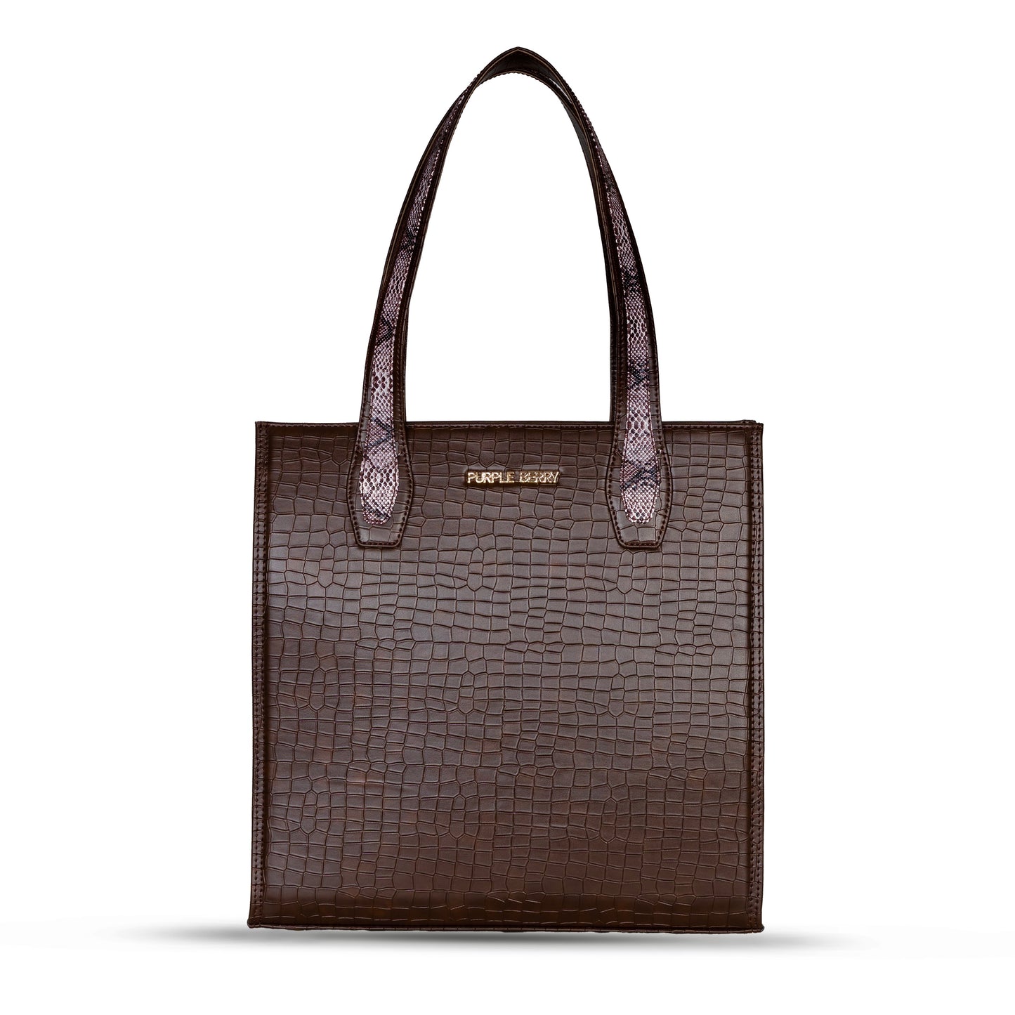 Ella Croco Structured shoulder bag with snake motif Gusset - Coffee