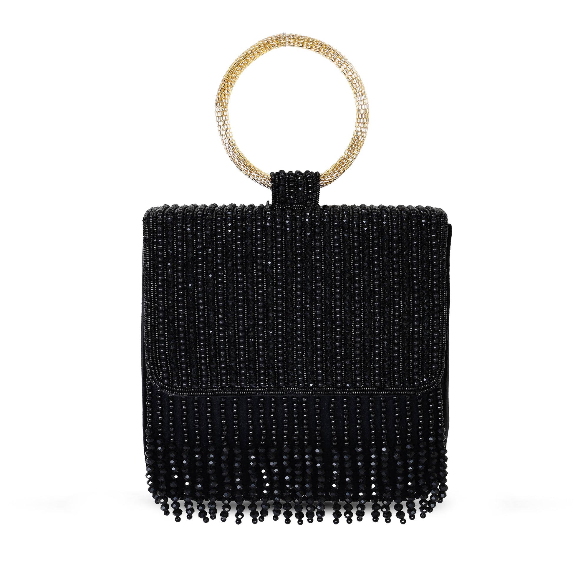 A black embroidered clutch with a golden handle and fringes, closed with a snap button.
