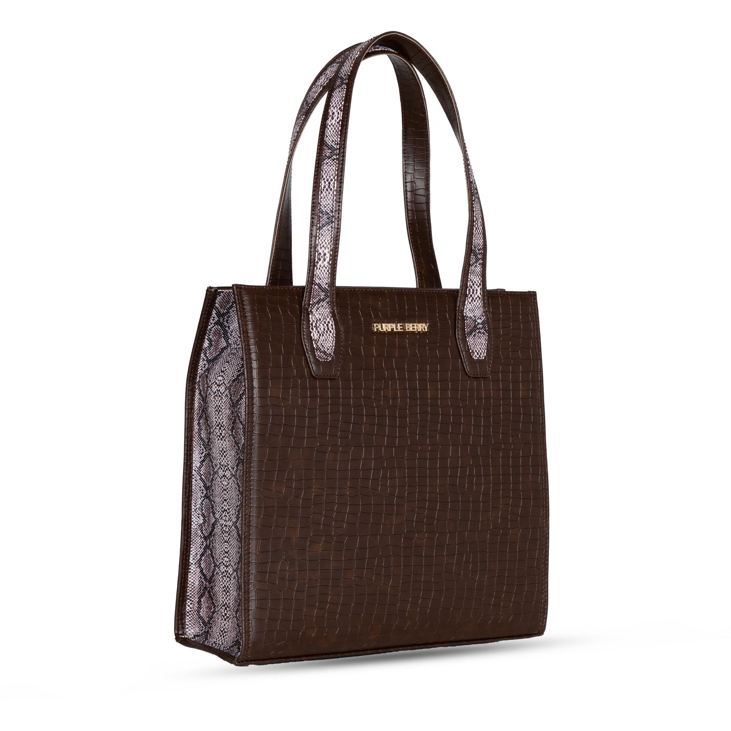 Ella Croco Structured shoulder bag with snake motif Gusset - Coffee