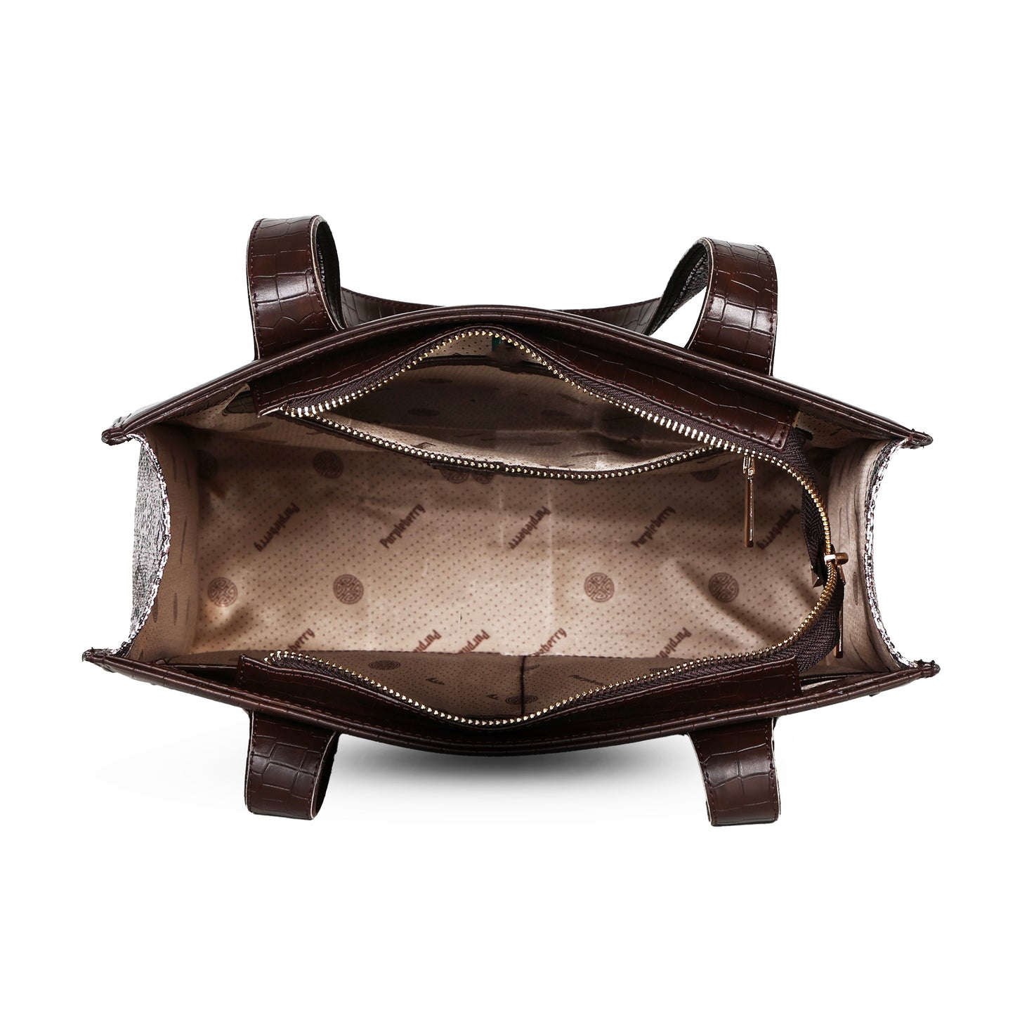 Ella Croco Structured shoulder bag with snake motif Gusset - Coffee