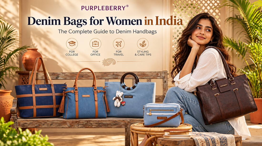 PURPLEBERRY denim bags for women in India with denim handbags, totes and a Heritage Office Tote