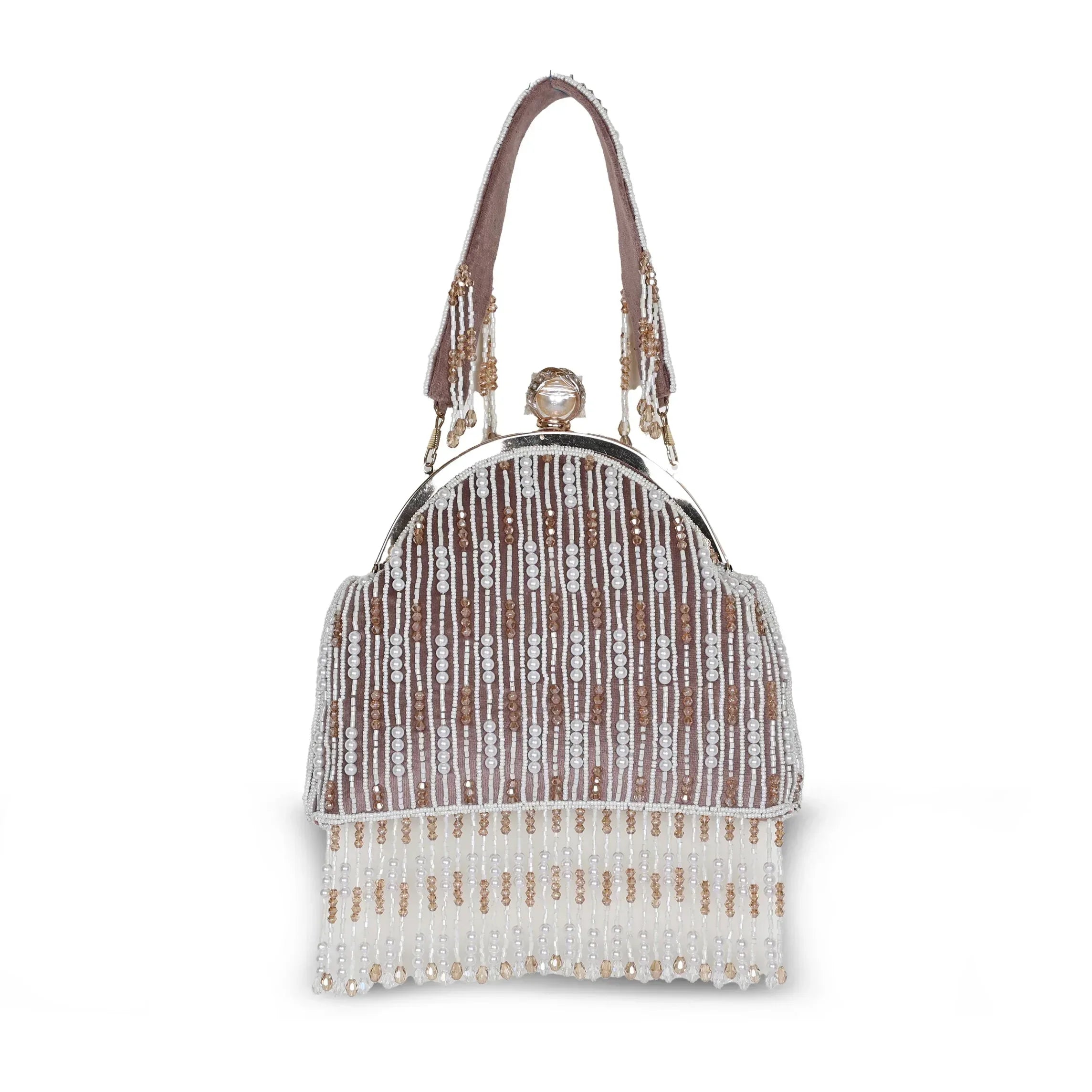 A light purple clutch bag with pearl embroidery and a pearl lock closure, designed for weddings or special occasions.