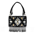A black clutch bag with geometric embroidery pattern and tassel detailing on the front.
