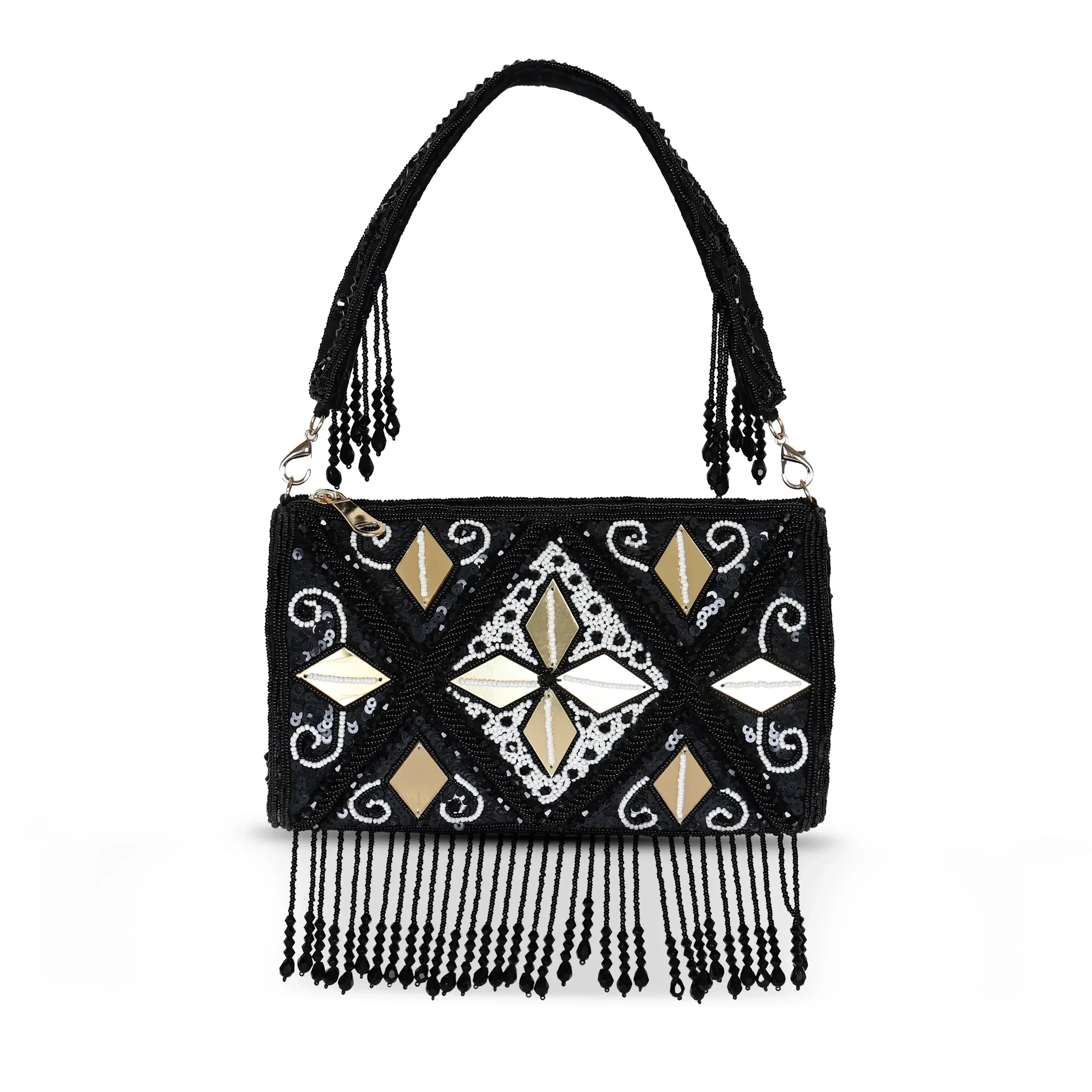 A black clutch bag with geometric embroidery pattern and tassel detailing on the front.