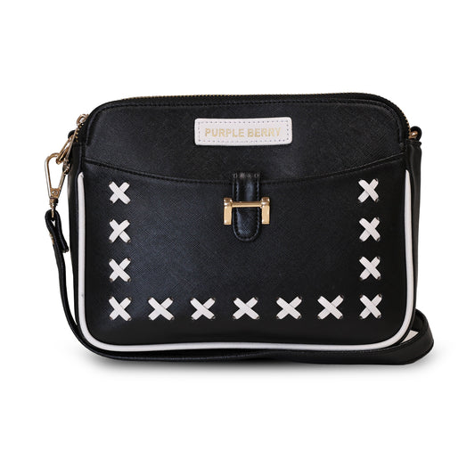 Ariana Cross Stitch Sling Bag -  Jet Black