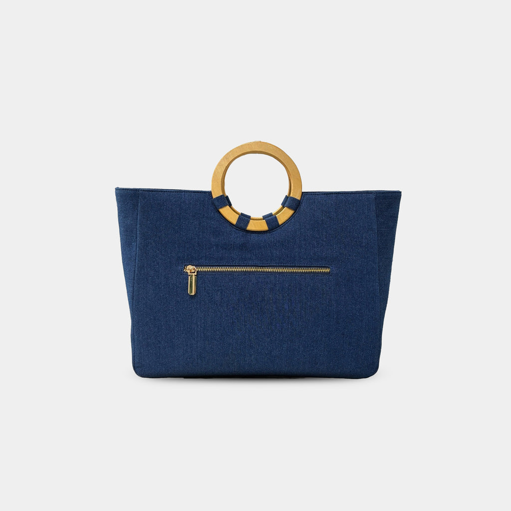 Back view of dark blue Dima tote with zipper pocket