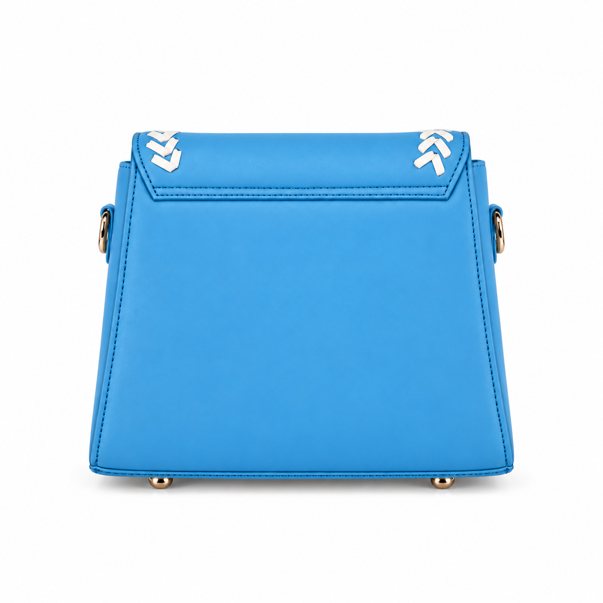 A bright blue structured leather handbag shown from the back, featuring gold-tone hardware and white chevron accents on the top flap.