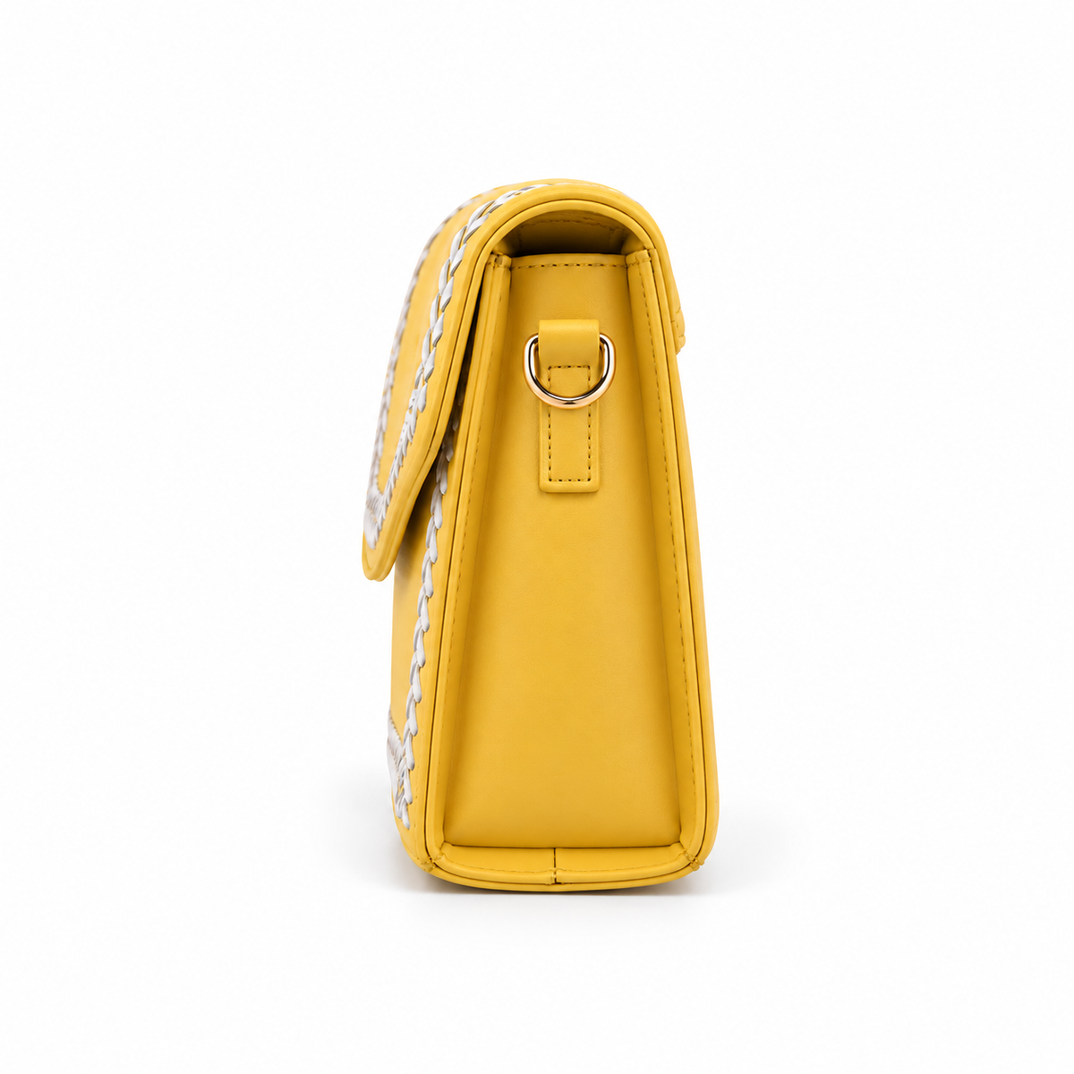 Side profile of the Purpleberry Riva yellow sling bag with a gold-tone strap ring