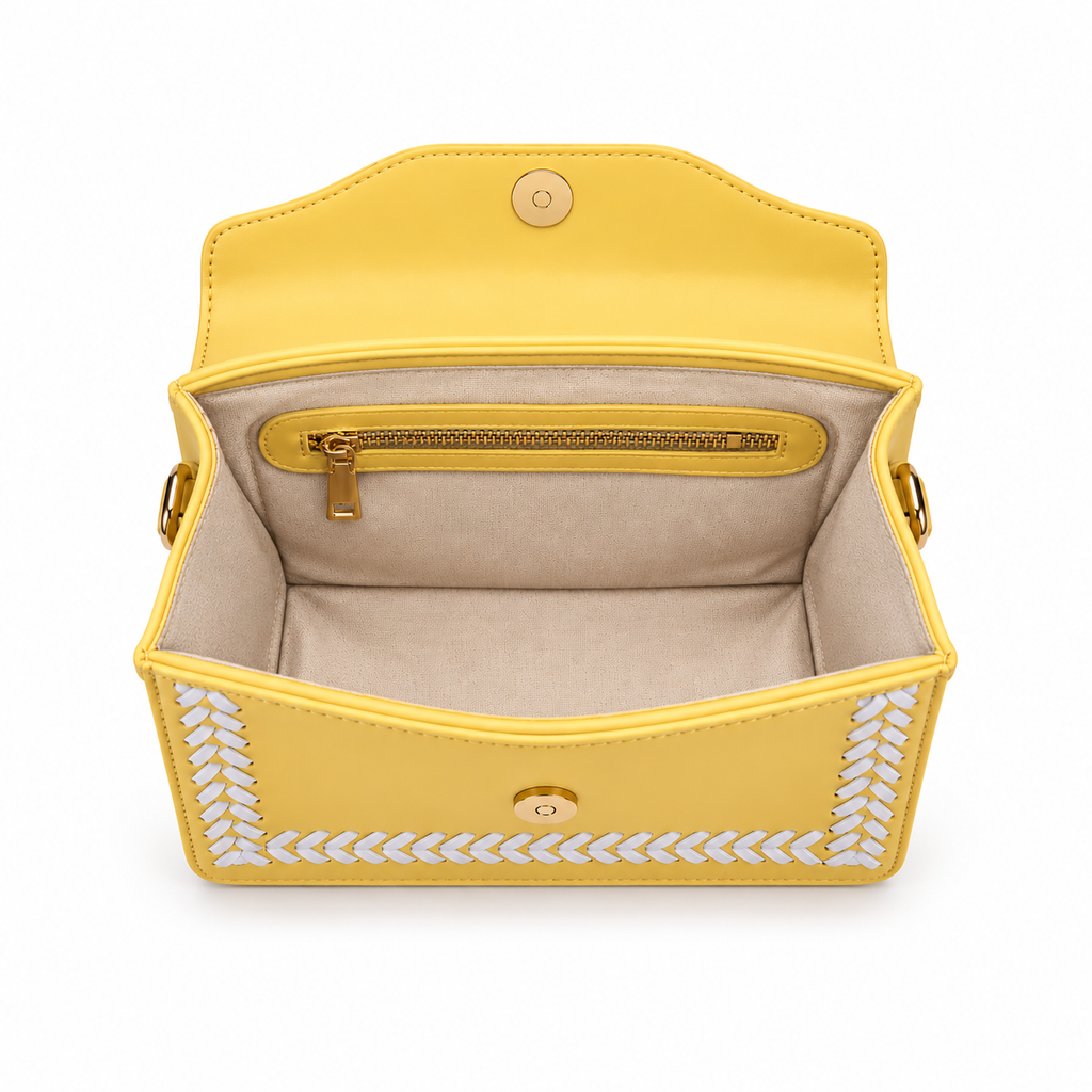 Beige lining and interior zip pocket inside the Purpleberry Riva yellow sling bag