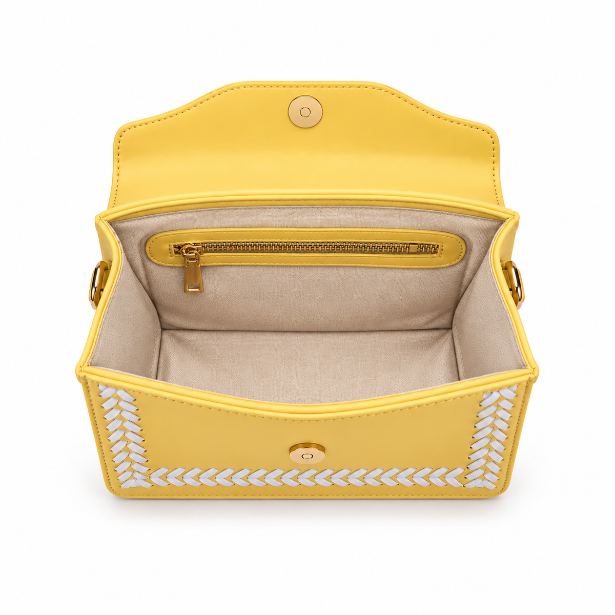 Beige lining and interior zip pocket inside the Purpleberry Riva yellow sling bag
