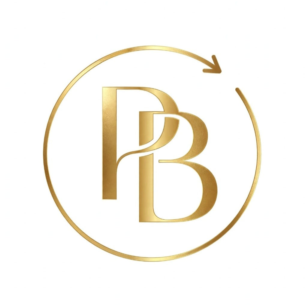 A gold monogram logo featuring interlocking letters P and B inside a circular frame with an arrow, centered on a white background.