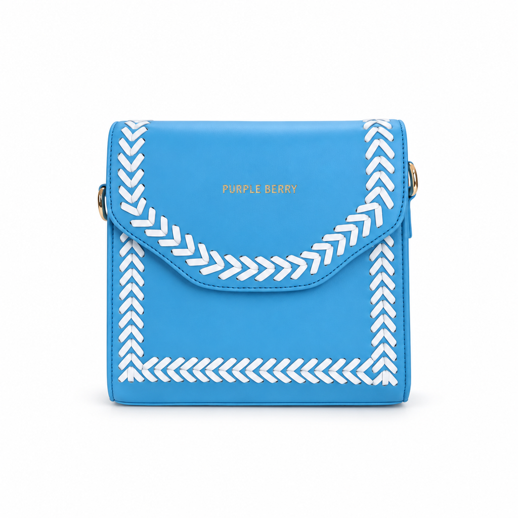 A bright blue faux-leather crossbody bag with white braided chevron trim along the flap and edges, featuring gold lettering that reads 'PURPLE BERRY' on the front, set against a plain white background.