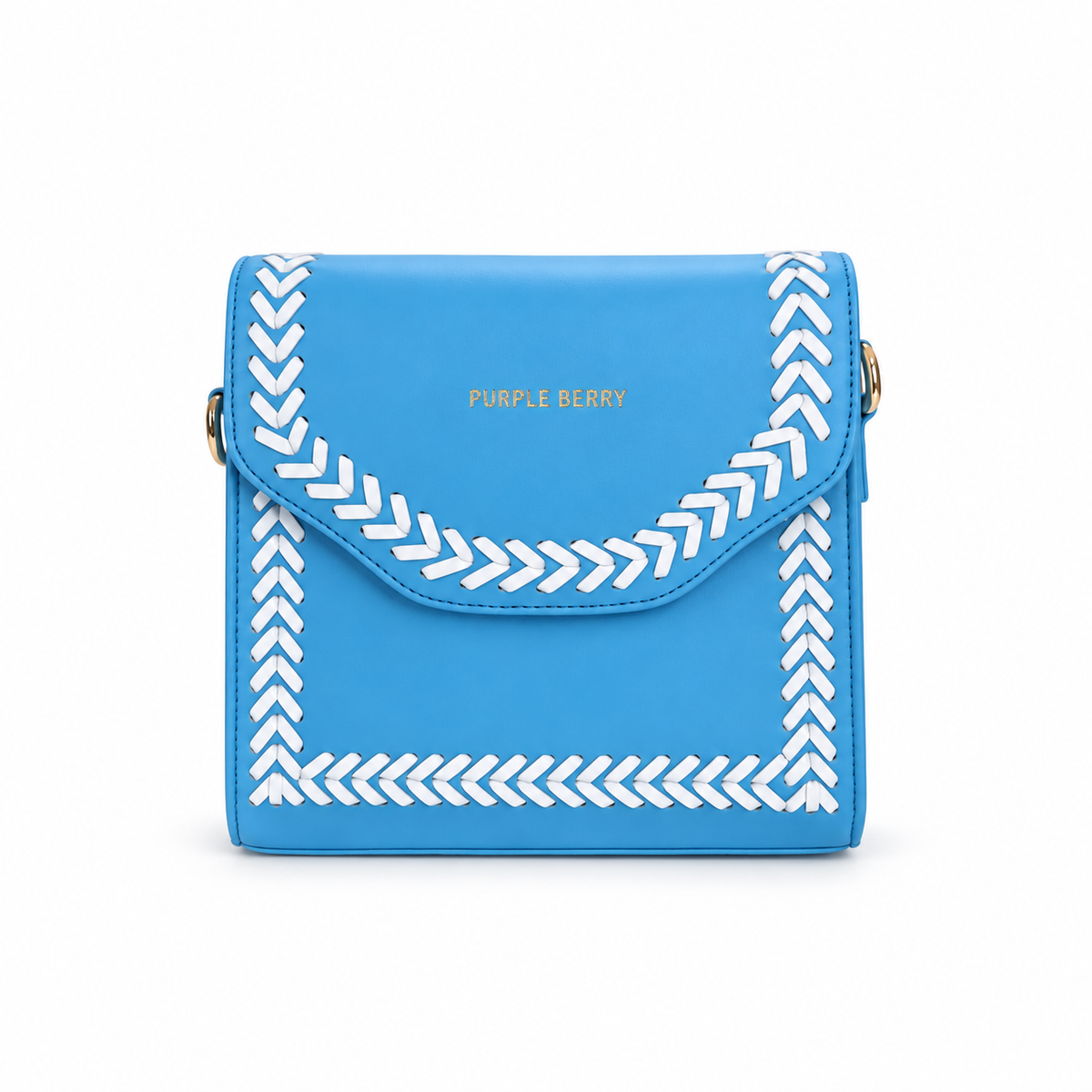 A bright blue faux-leather crossbody bag with white braided chevron trim along the flap and edges, featuring gold lettering that reads 'PURPLE BERRY' on the front, set against a plain white background.