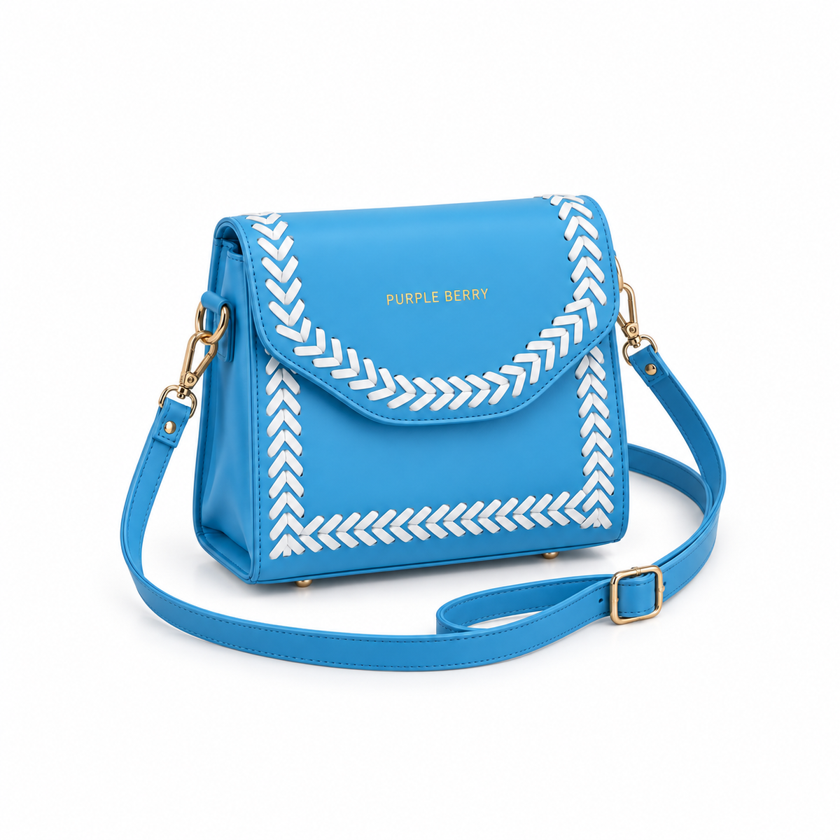 A bright blue faux leather shoulder bag with white embroidered chevron borders and gold hardware, featuring the brand name 'PURPLE BERRY' in gold on the front flap.