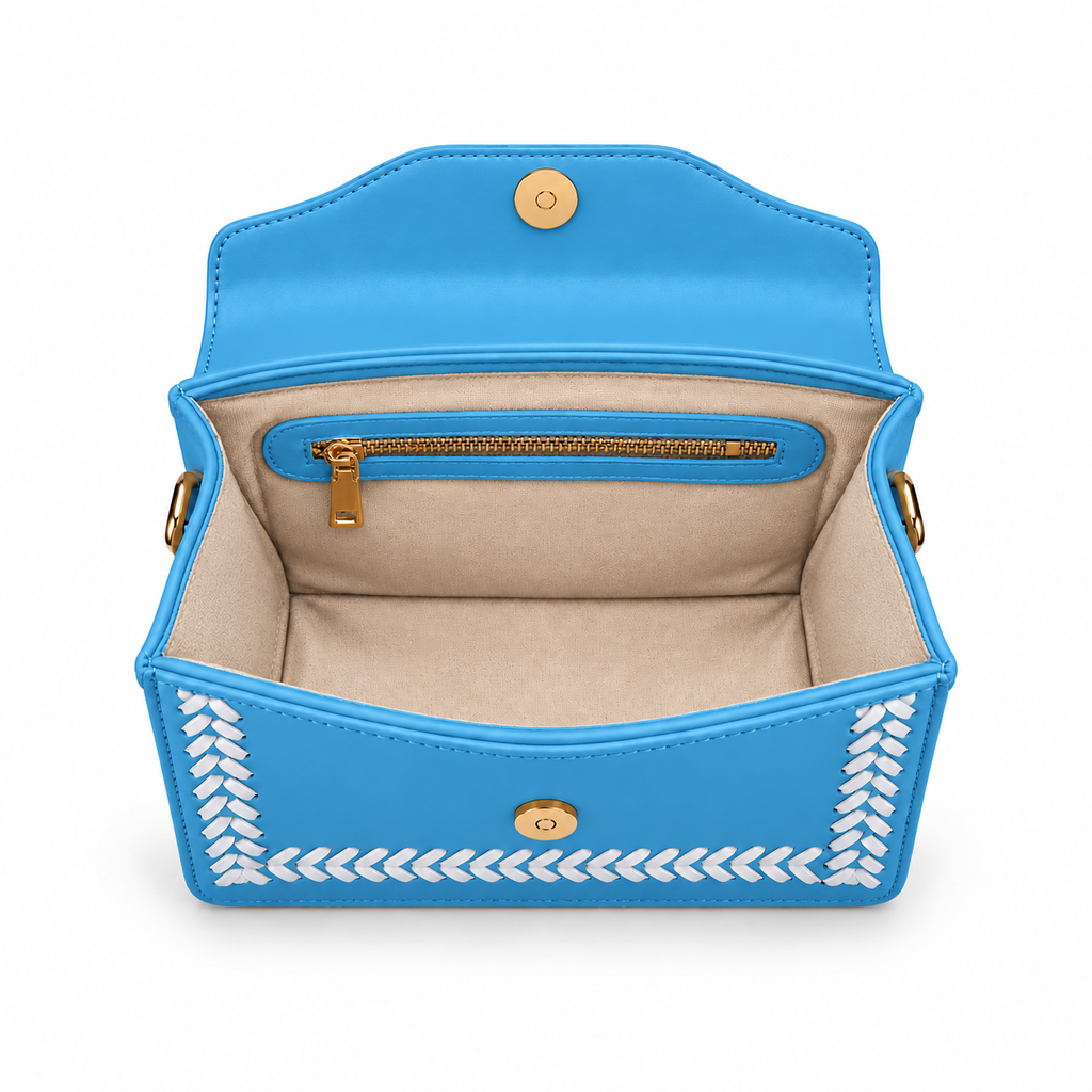 Beige lining and interior zip pocket inside the Purpleberry Riva sky blue sling bag