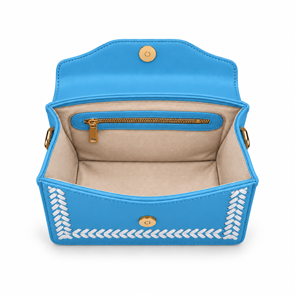 Beige lining and interior zip pocket inside the Purpleberry Riva sky blue sling bag