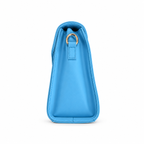 A bright blue faux leather handbag shown from the side profile, featuring a gold-tone metal D-ring and a matching blue strap tab, set against a plain white background.
