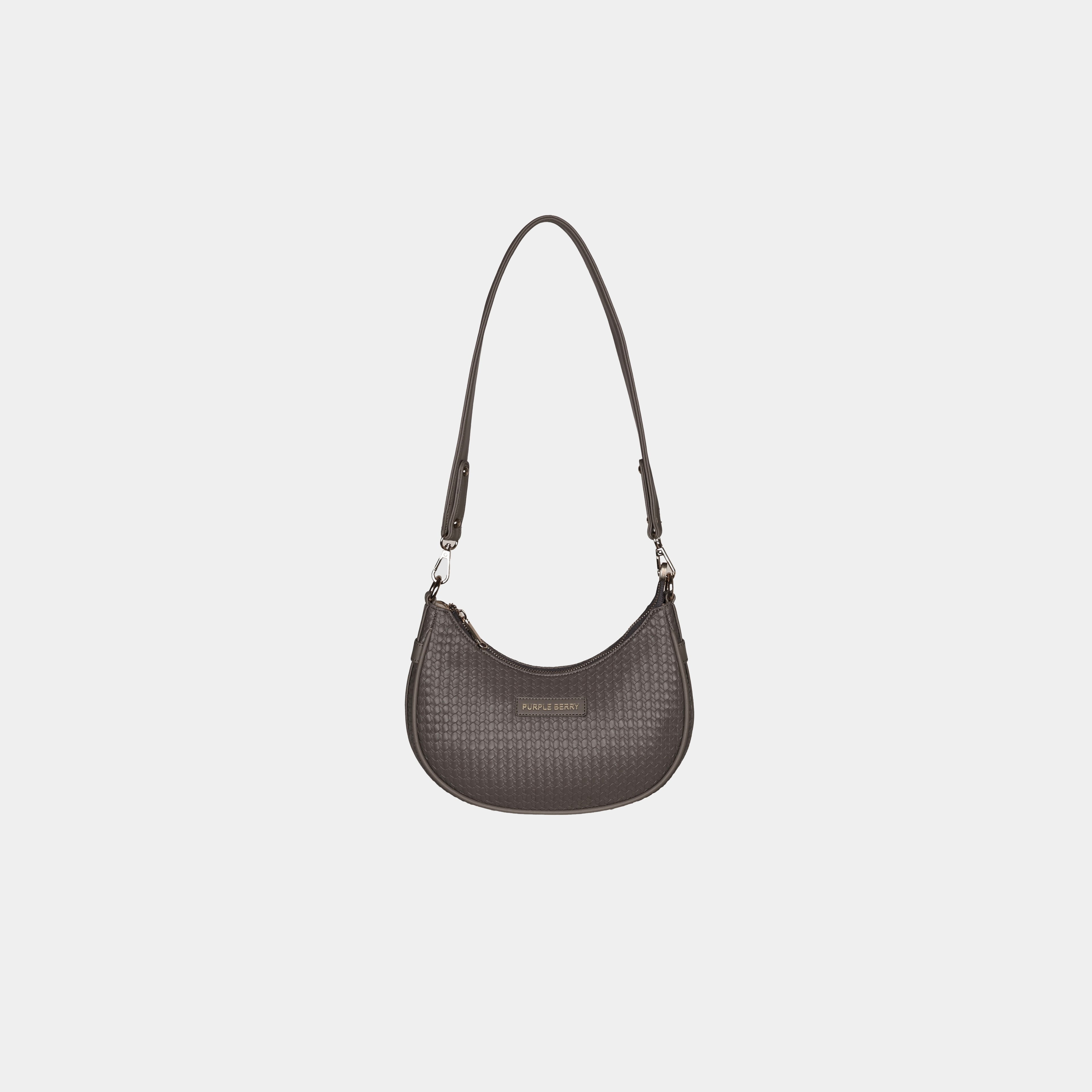 Purpleberry Ameyaa structured shoulder bag in Grey woven-textured vegan leather – front view