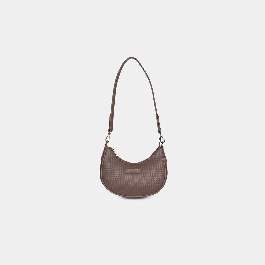 Purpleberry Ameyaa shoulder bag in taupe woven-textured vegan leather – front view