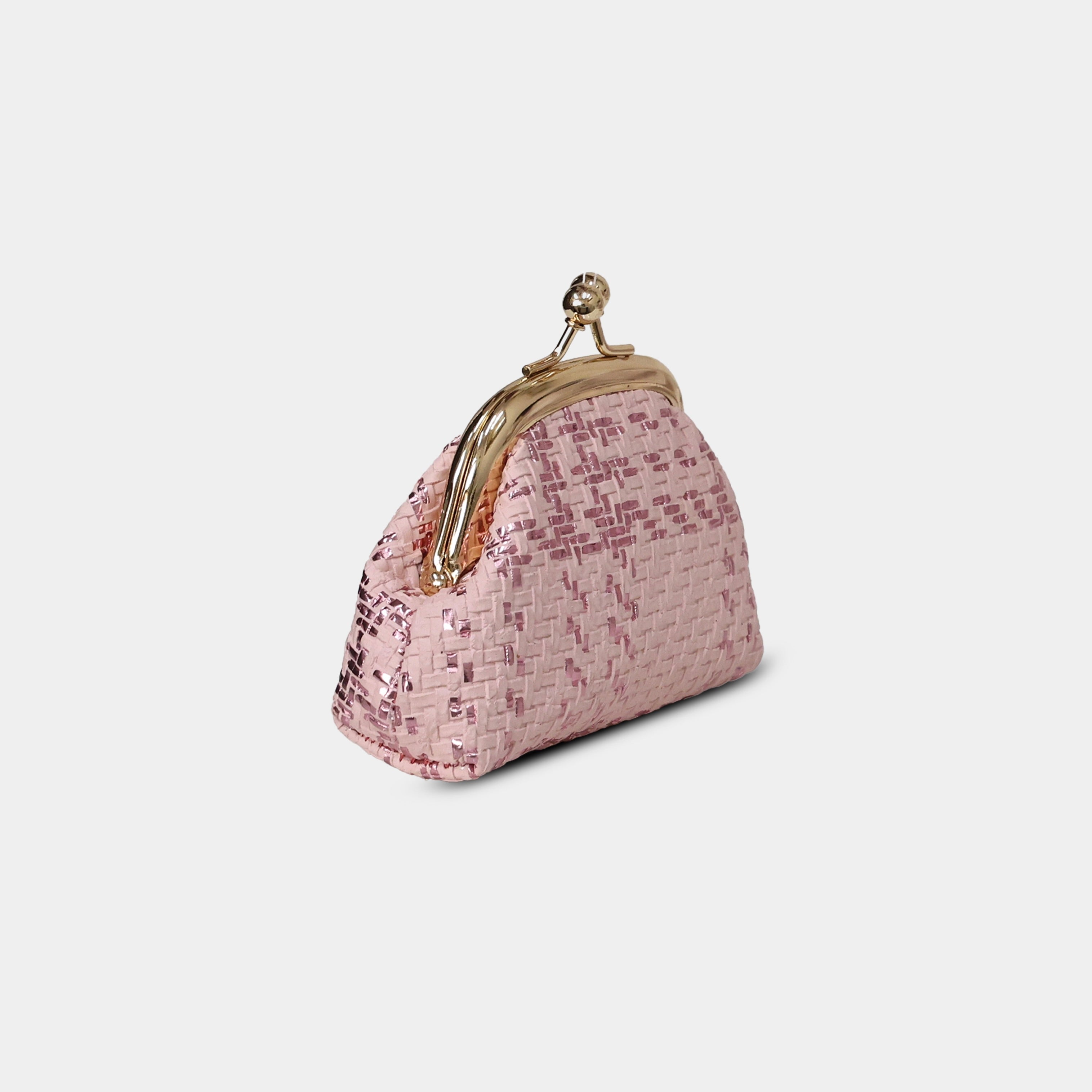 Blush pink Bijou metallic woven coin pouch with vintage kiss-lock closure – angled perspective