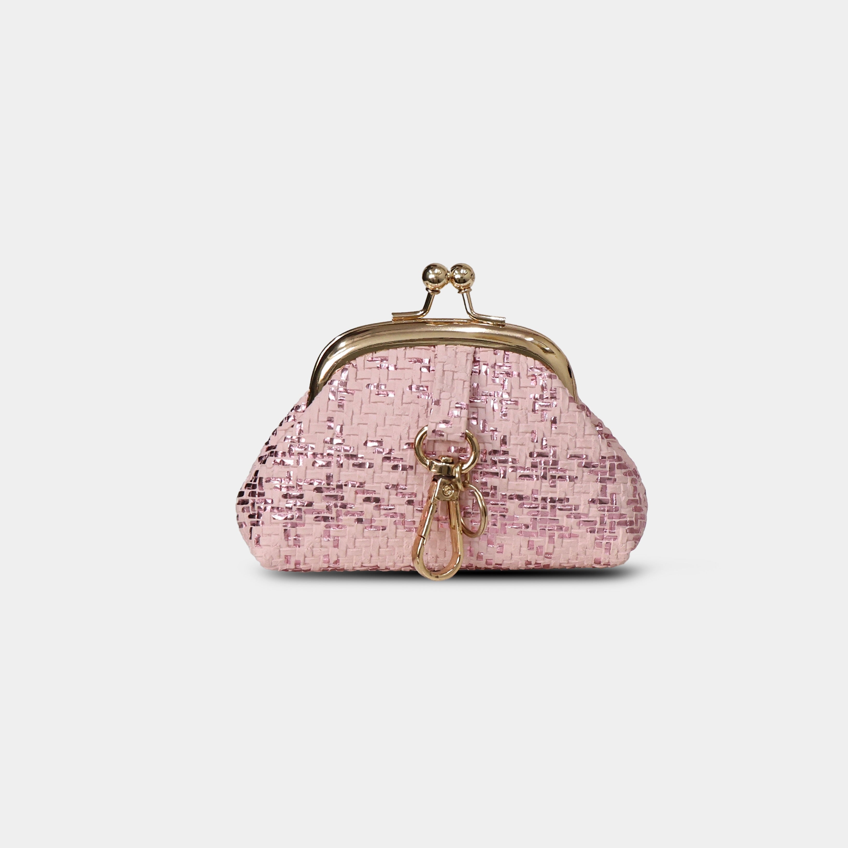 Purpleberry Bijou woven kiss-lock coin pouch in blush pink with rose metallic accents – front view