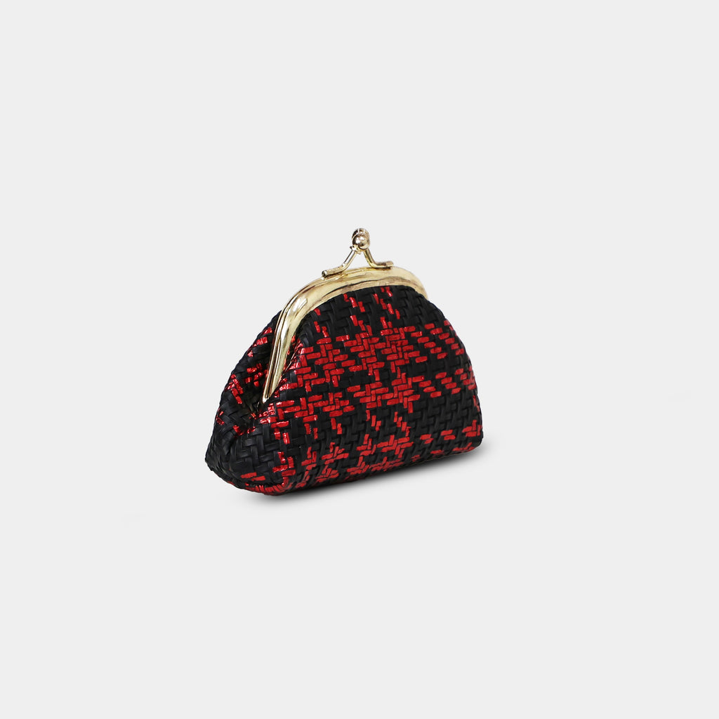Black and red metallic woven Bijou coin pouch with retro kiss-lock clasp – angled view