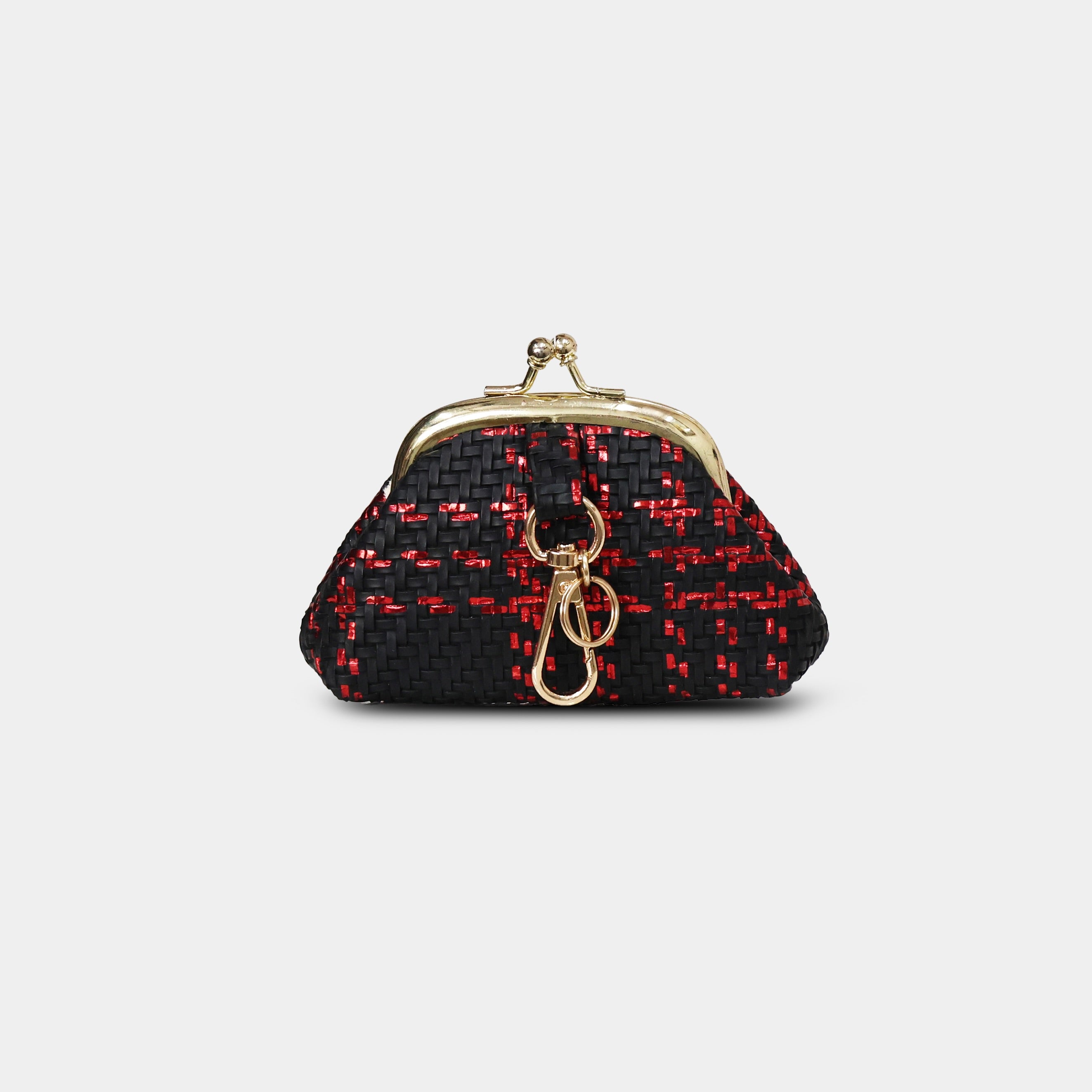 Close-up of red metallic woven texture and gold-tone kiss-lock clasp on Bijou coin pouch