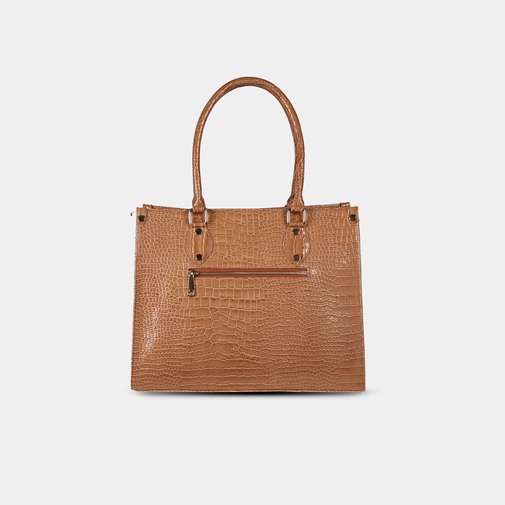 Back view of brown Cleo handbag with quick-access zipper pocket