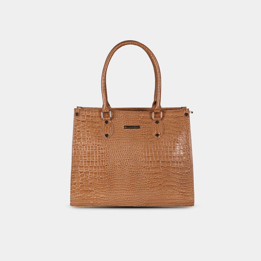 Purpleberry Cleo snake-textured faux leather handbag in brown – structured front view