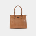 Purpleberry Cleo snake-textured faux leather handbag in brown – structured front view
