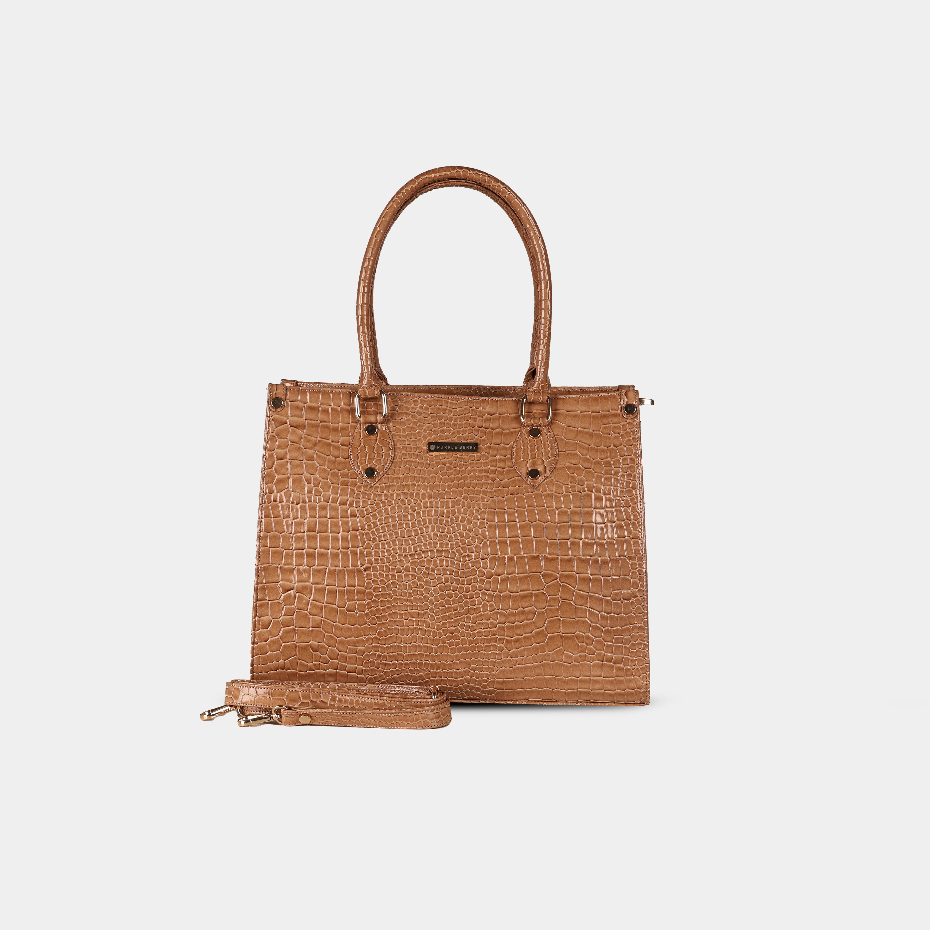 Front view of Brown snake-textured handbag, highlighting structured body and detachable strap attachment