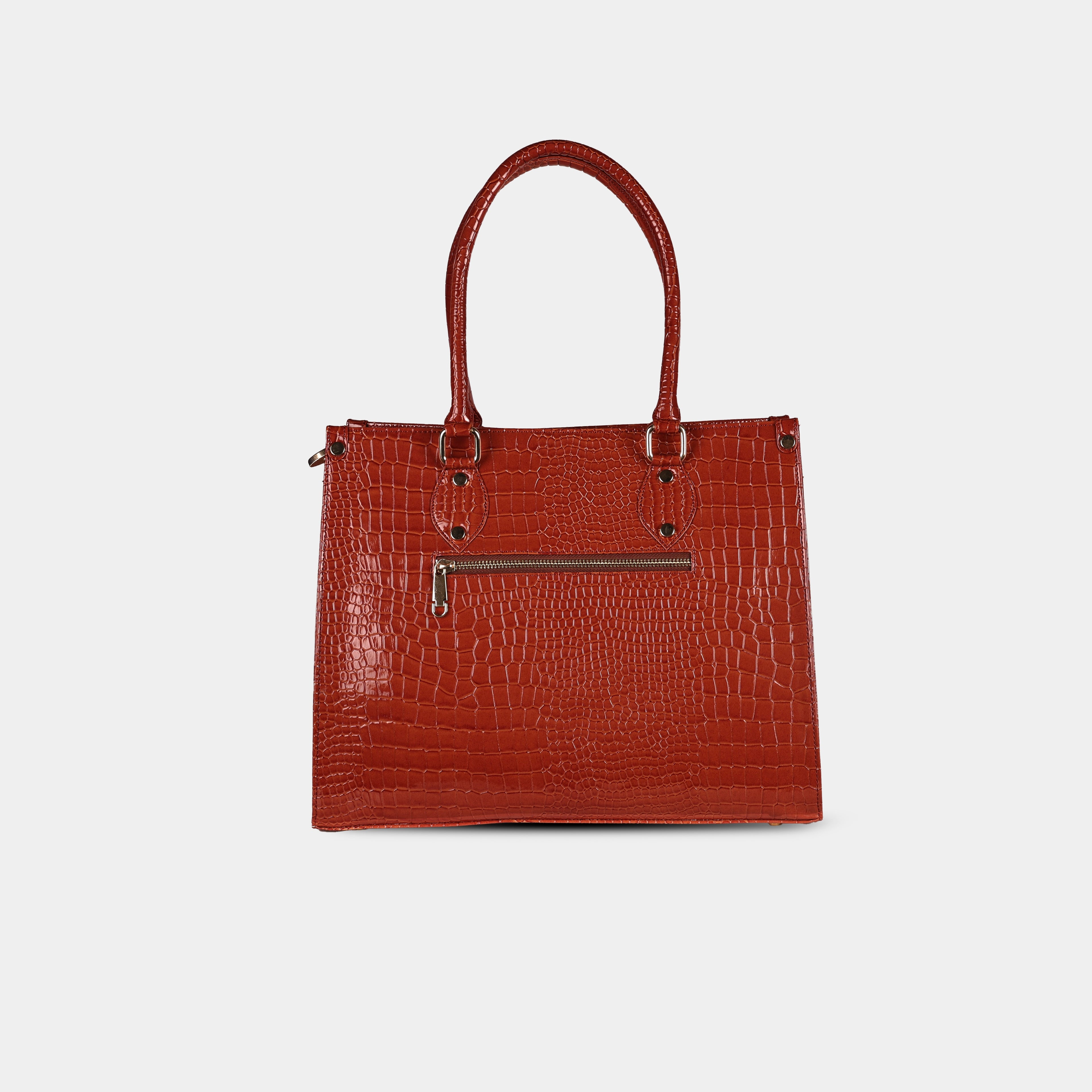 Back view of red Cleo handbag with secure zipper pocket and smooth faux leather trim