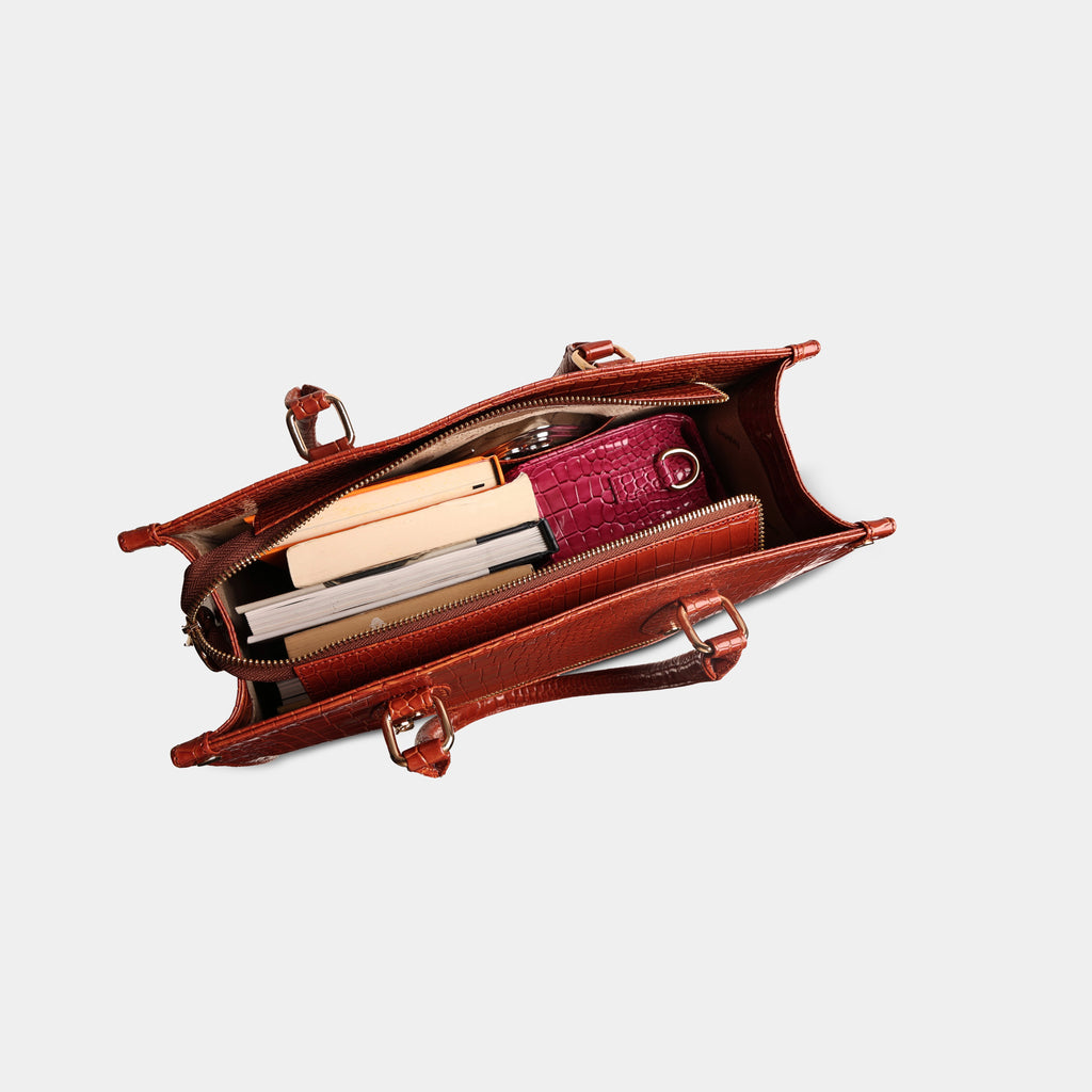 Red Cleo structured handbag displaying spacious storage for daily office and evening essentials
