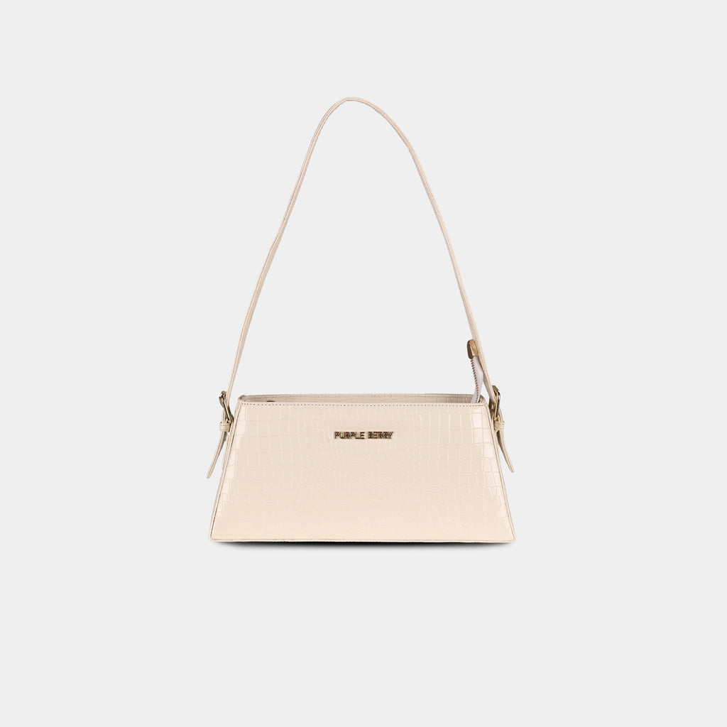 Beige Cosmo snake-textured shoulder bag – front view