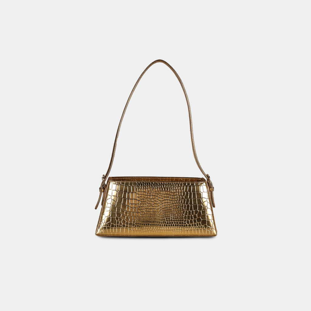 Back view of golden Cosmo baguette shoulder bag