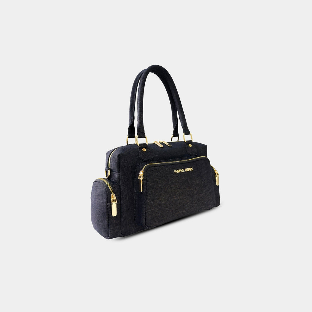 Side profile of black Frida sling bag with zipper pocket