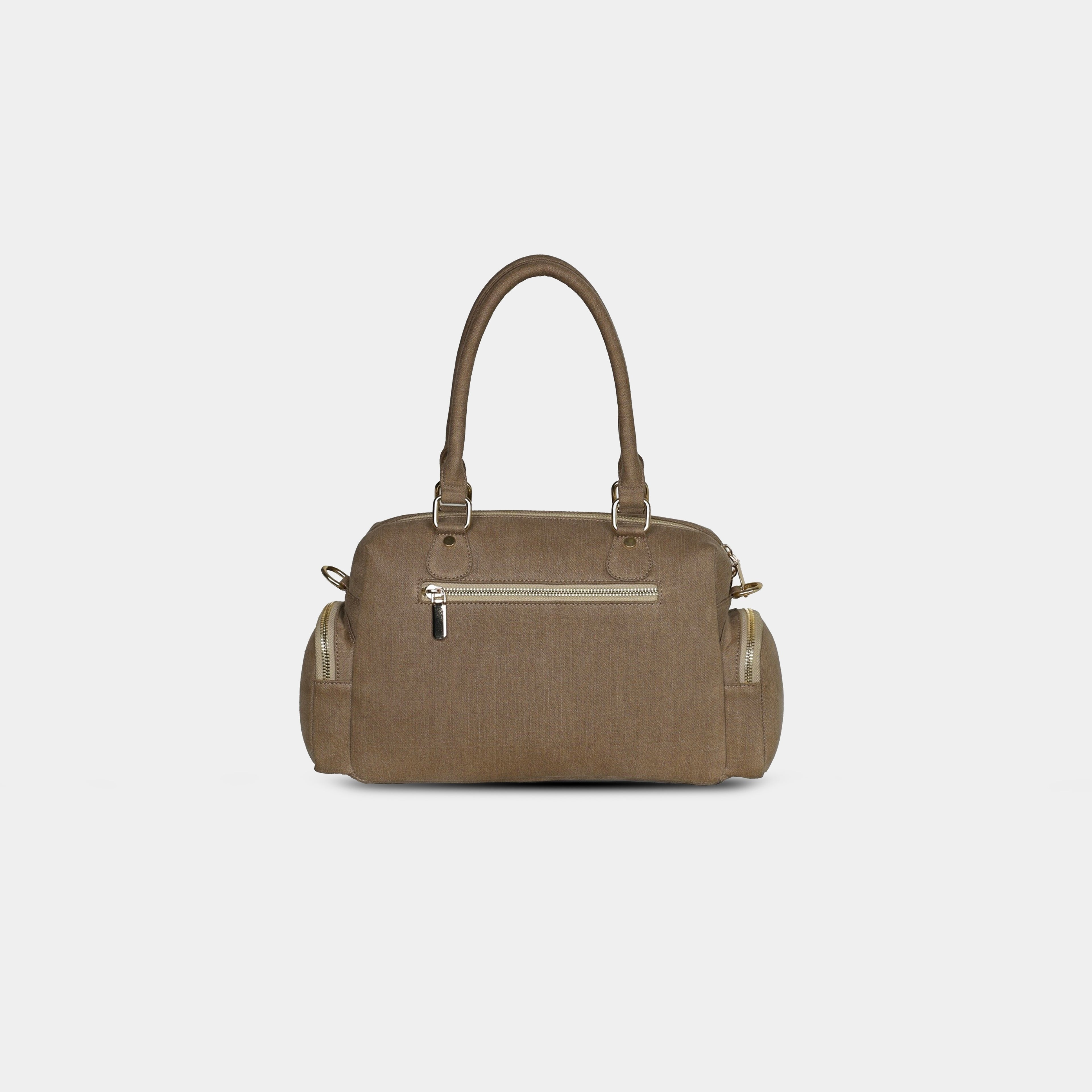 Back zipper pocket of brown Frida denim sling bag