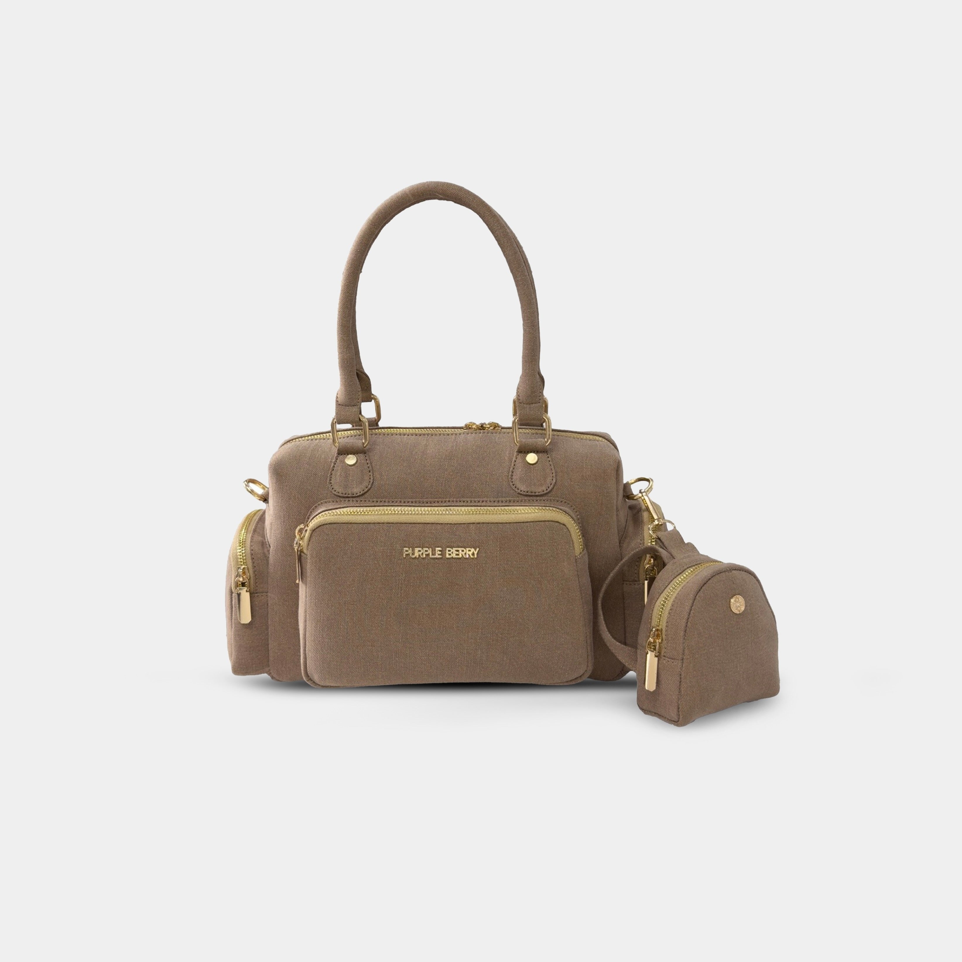 Brown Frida denim sling bag with detachable matching coin pouch