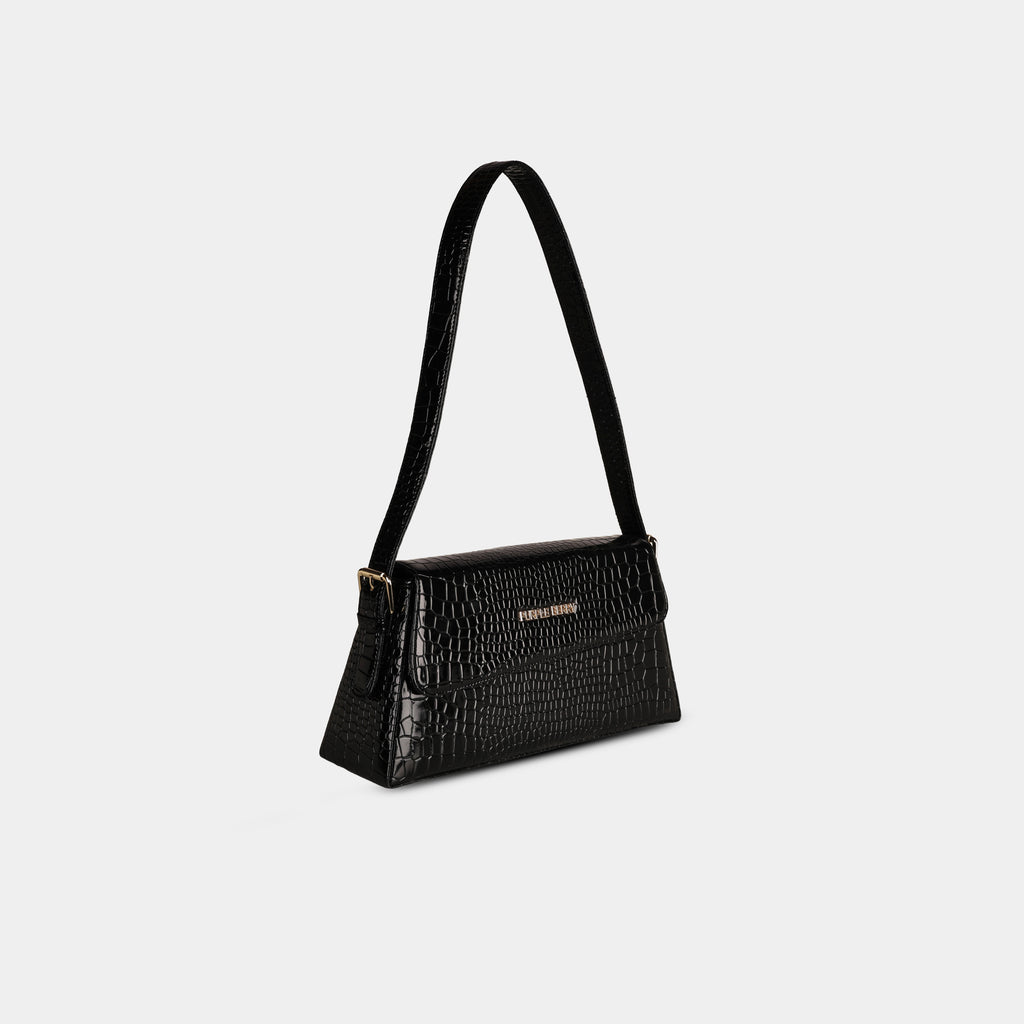 Black Halo structured baguette bag in snake-embossed finish – angled view