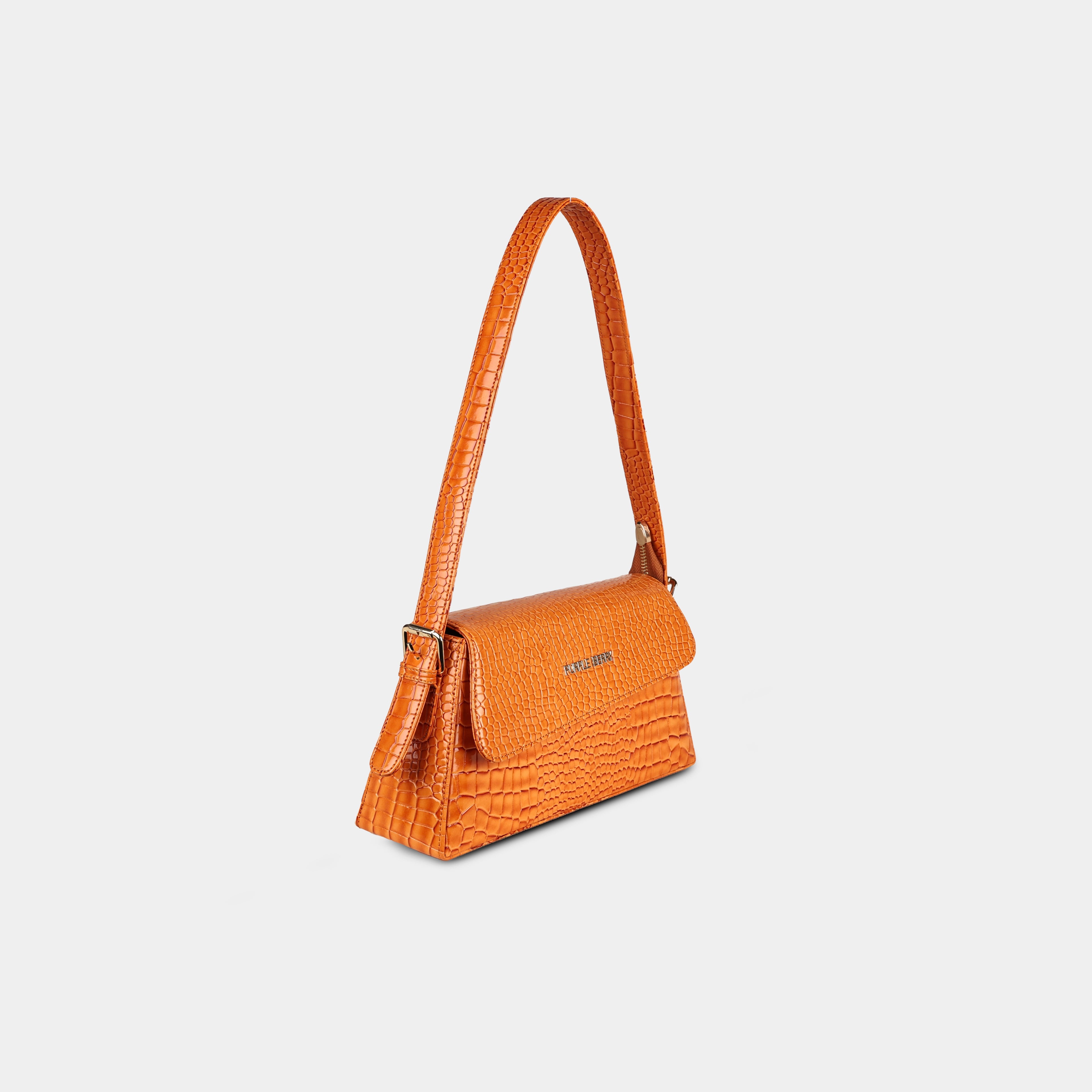 Orange Halo structured shoulder bag with snake-textured finish – angled side perspective