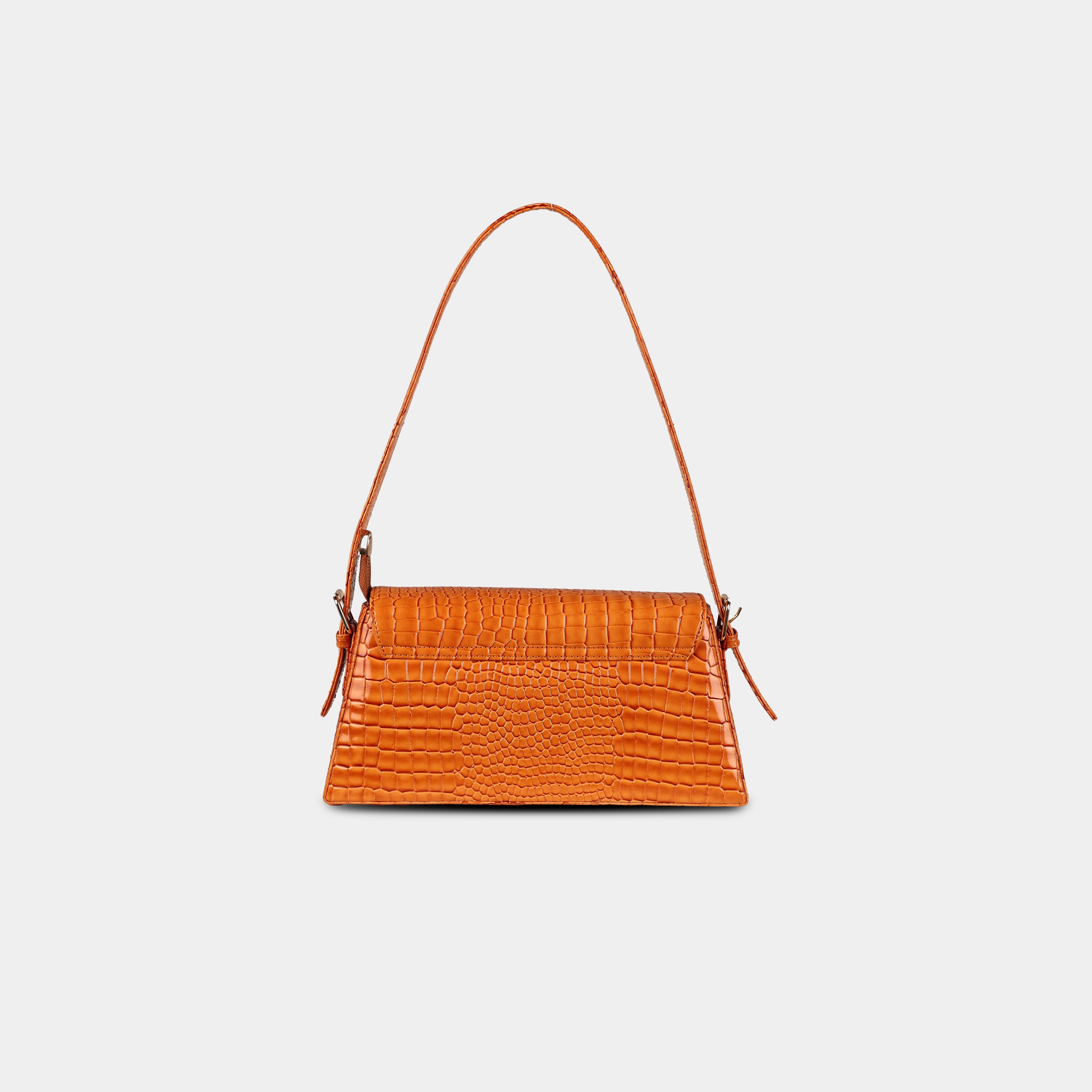 Back view of orange Halo snake-textured shoulder bag with clean structured silhouette