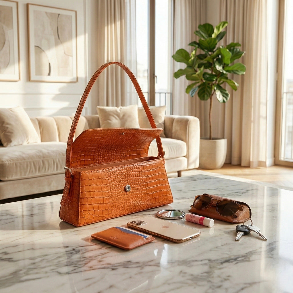 Orange Halo shoulder bag styled on marble surface with everyday essentials