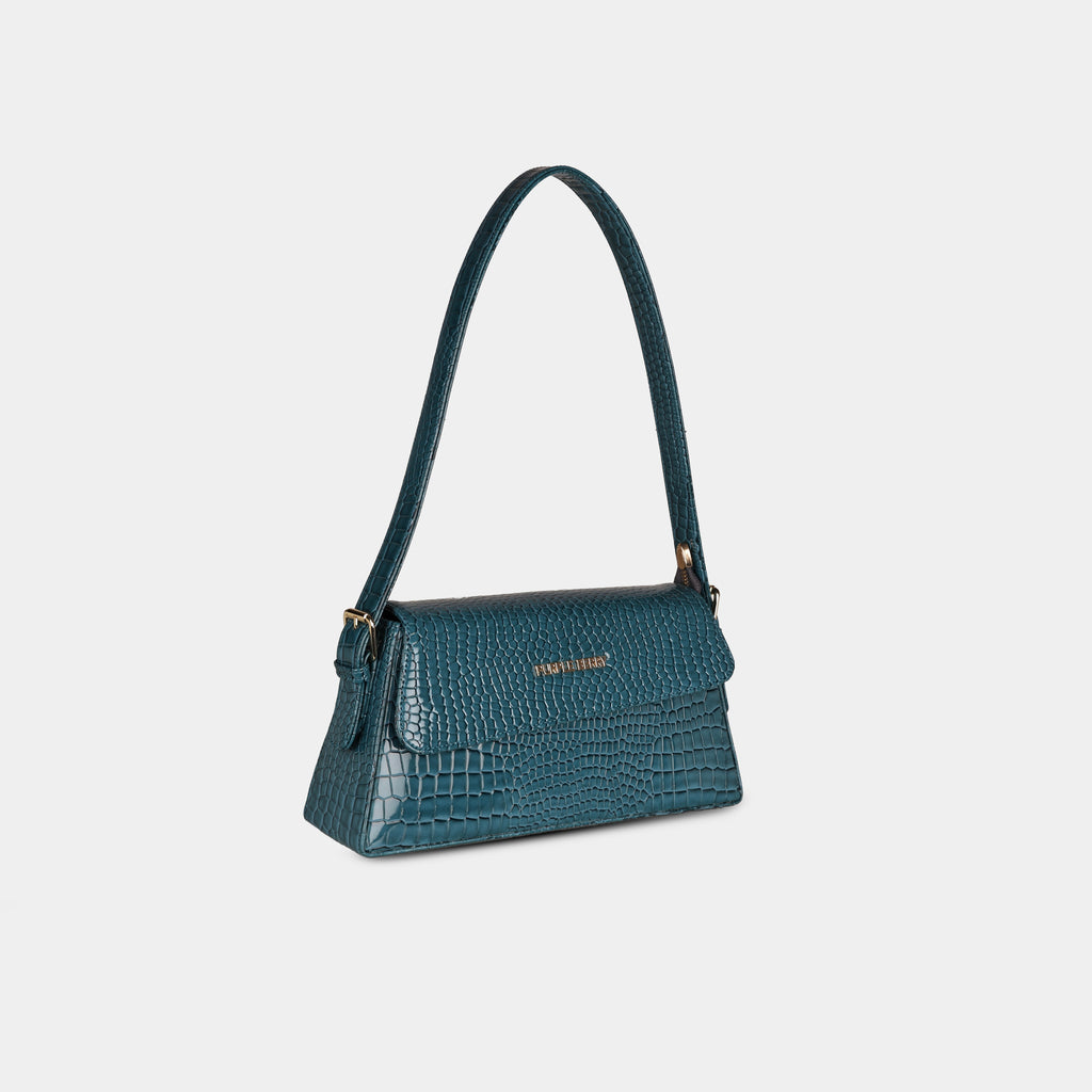 Teal snake-textured Halo shoulder bag – angled perspective