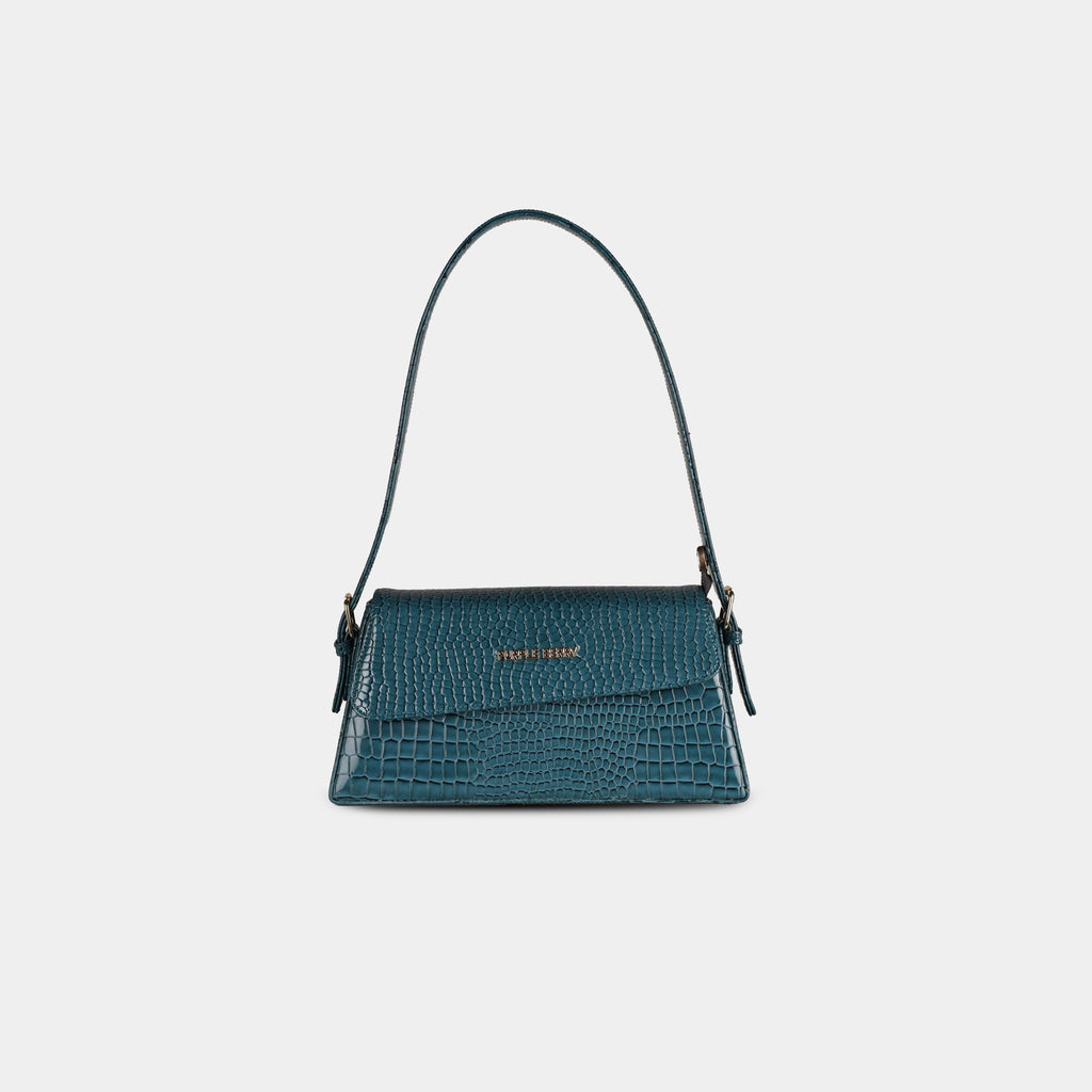 Teal Halo shoulder bag in snake-embossed vegan leather – structured front view