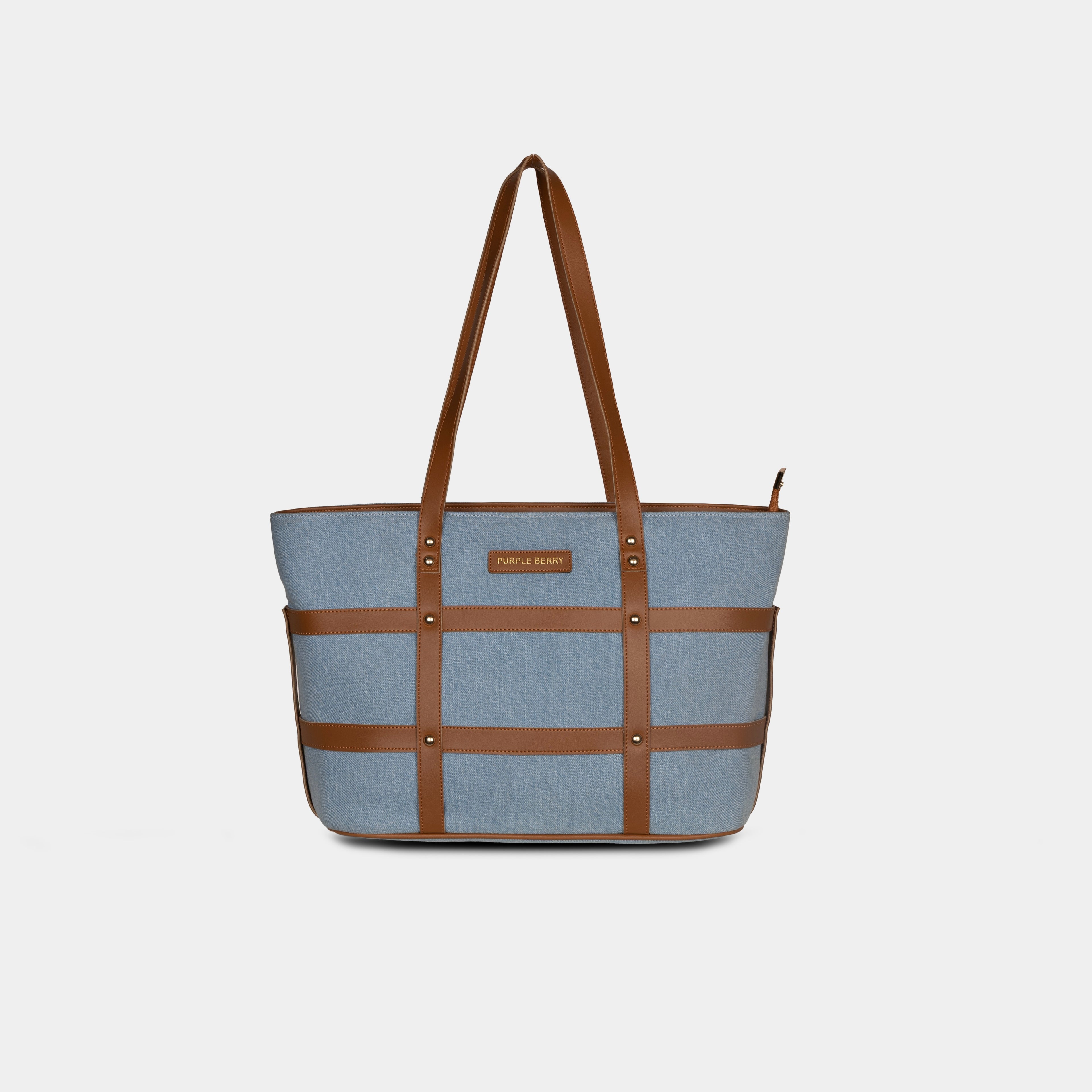 Purpleberry Harper grid-strap denim handbag in soft light blue with faux leather overlay – front view