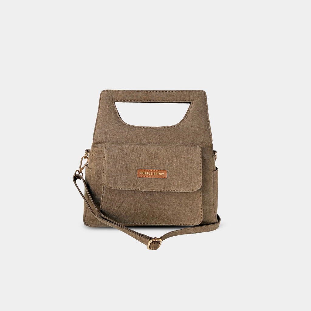 Hera denim handbag in khaki brown with structured design