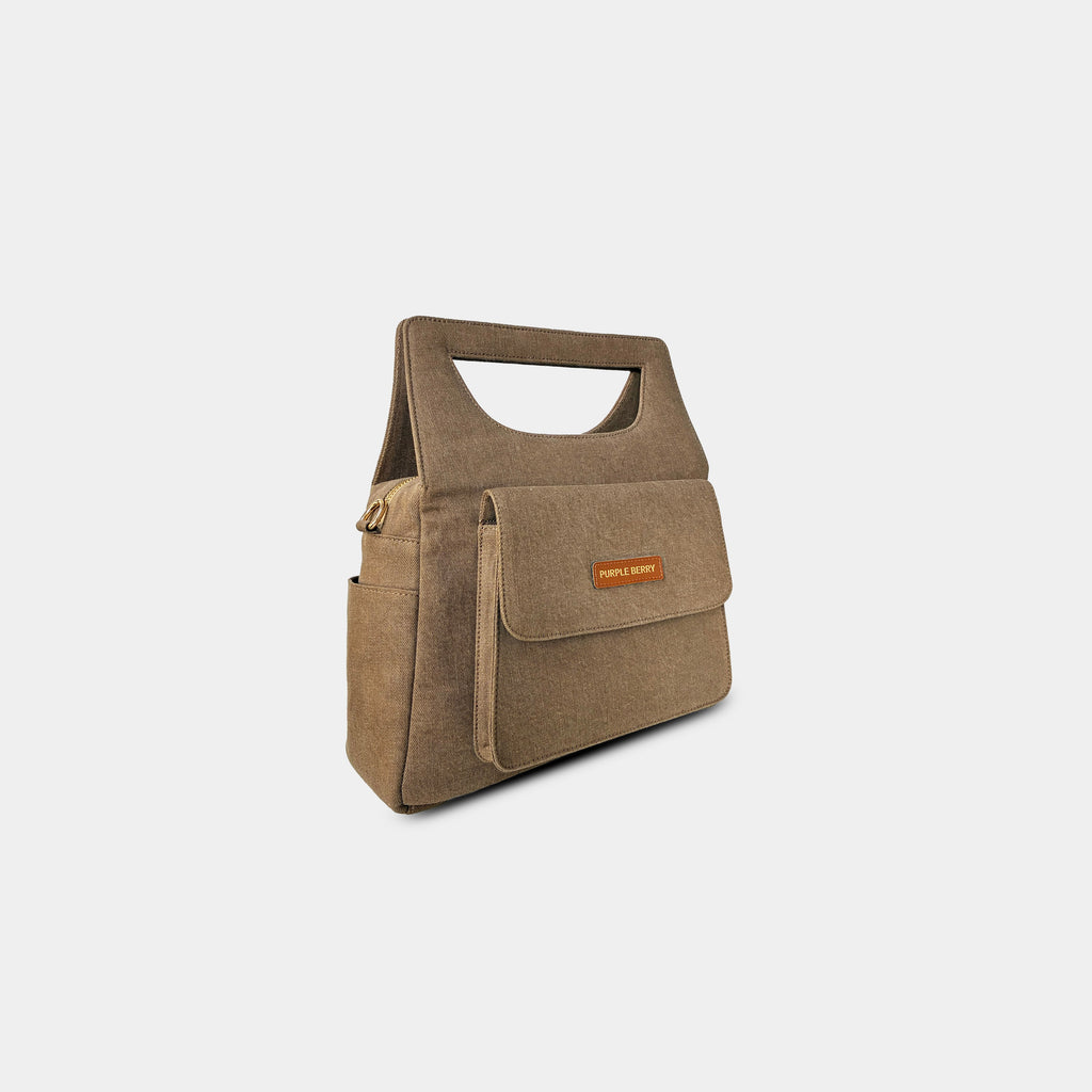Structured brown Hera denim handbag side angle