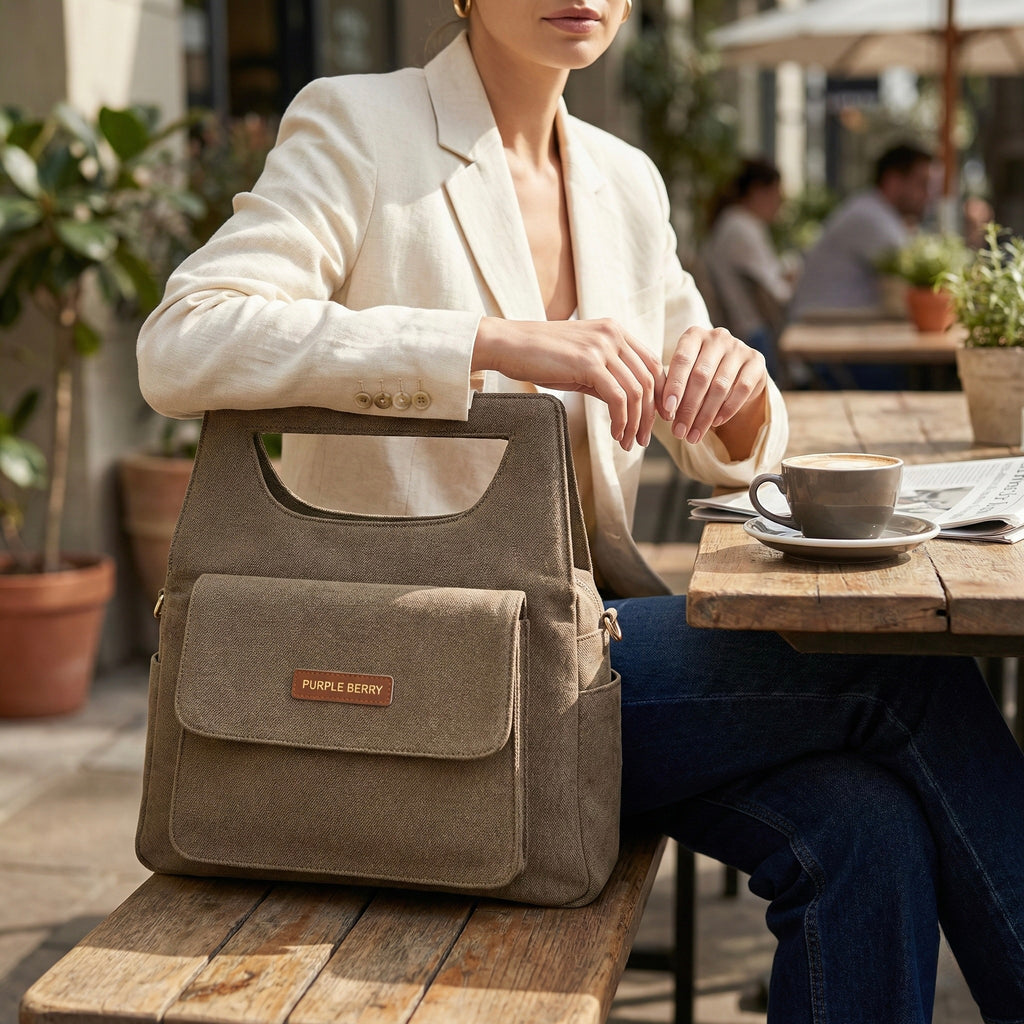 Brown Hera denim handbag styled by woman in casual outfit