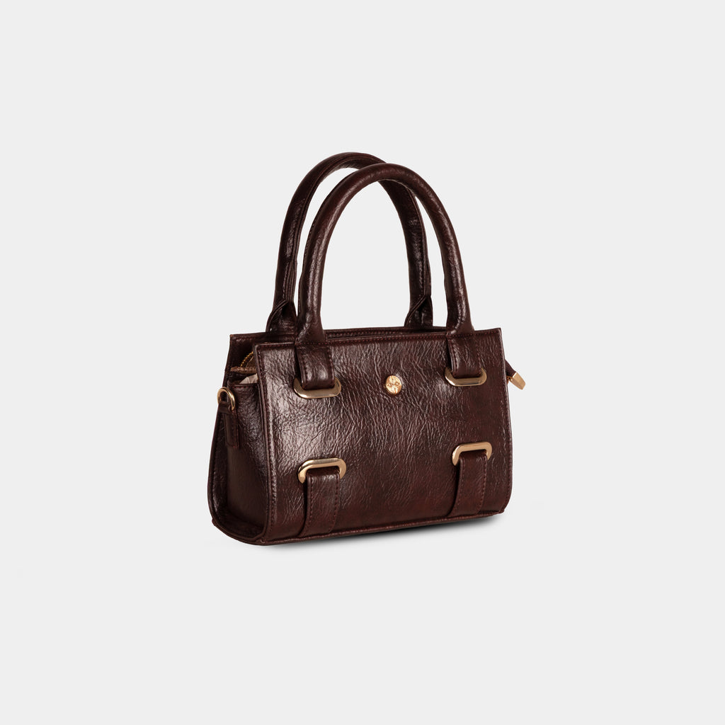 Dark brown Lumière mini structured party bag with top handles and gold detailing – angled perspective