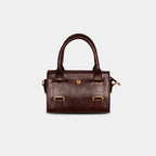 Purpleberry Lumière mini top-handle party bag in dark brown textured faux leather – front view with gold hardware